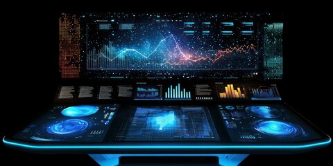 A futuristic holographic display with data, charts, and graphs, symbolizing innovation.