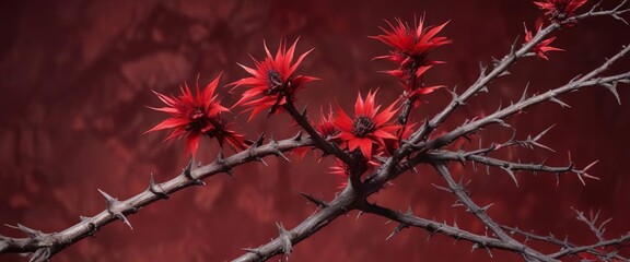 A thorny branch against a deep crimson background, garden, leaf, wildflowers