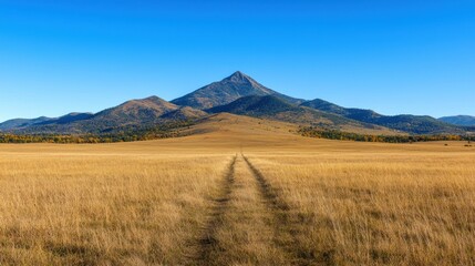 Obraz premium Dirt road leading to majestic mountain range in autumn landscape