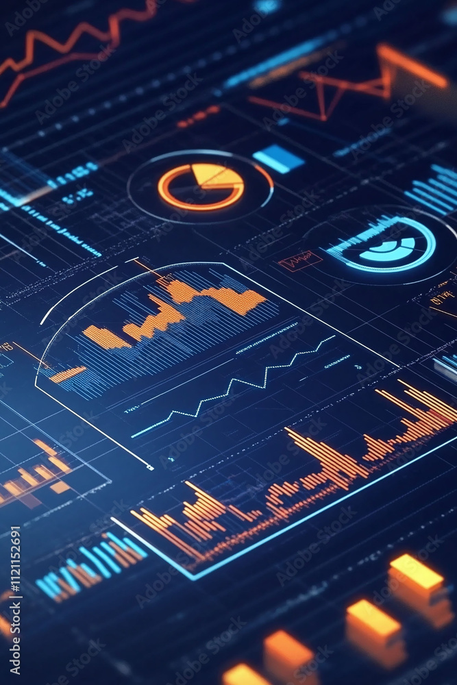 Aufkleber fintech logo in chrome surrounded by dynamic graphs and pie charts representing portfolio analysis.