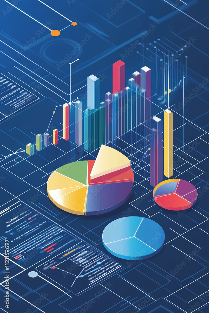 Aufkleber fintech logo in chrome surrounded by dynamic graphs and pie charts representing portfolio analysis.