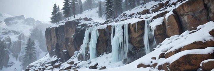 A wall of snow and ice surging down a steep slope with trees and boulders, ice, avalanche, terrain destruction