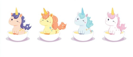 Obraz premium Adorable Unicorns in Bowls: Cute Cartoon Illustration for Kids