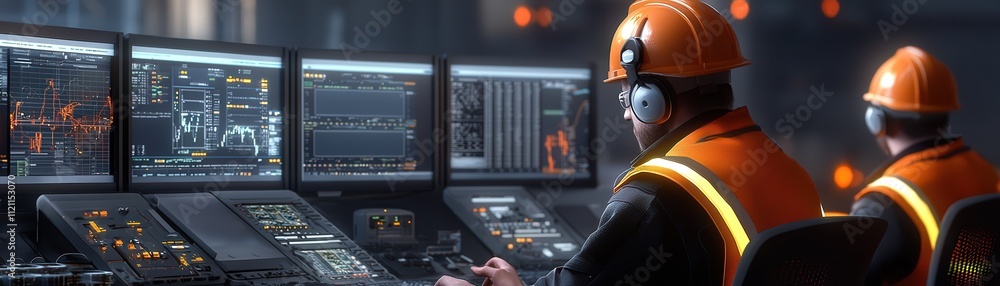 Poster mining operation control room with engineers analyzing data screens, orange lights reflecting off su