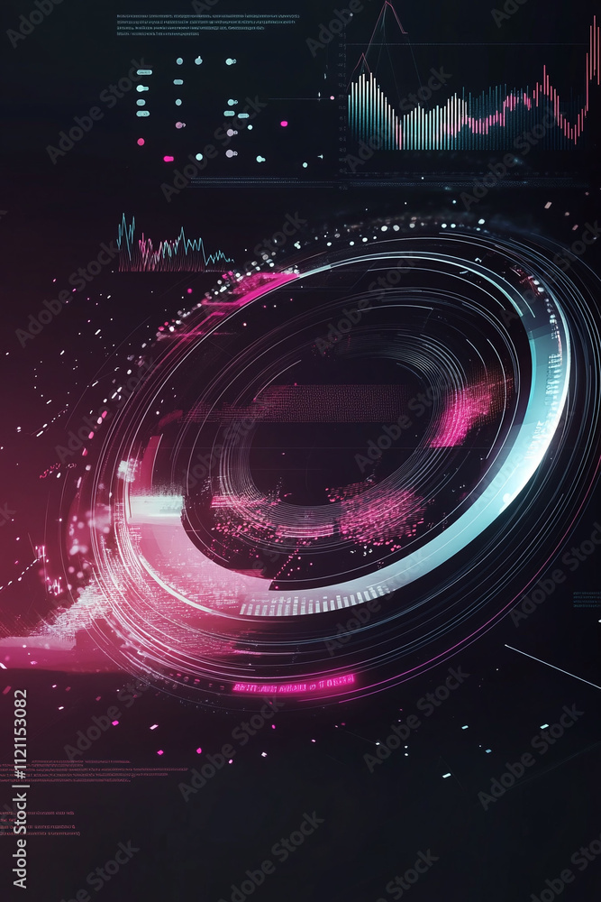 Poster futuristic fintech badge on a black gradient background with pulsating financial charts.
