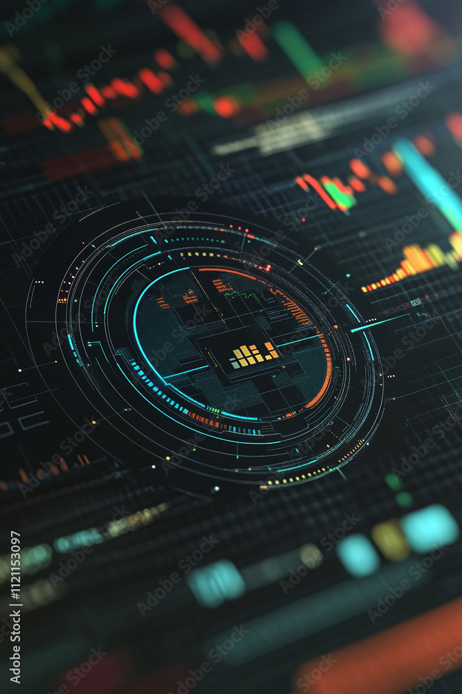 Poster futuristic fintech badge on a black gradient background with pulsating financial charts.