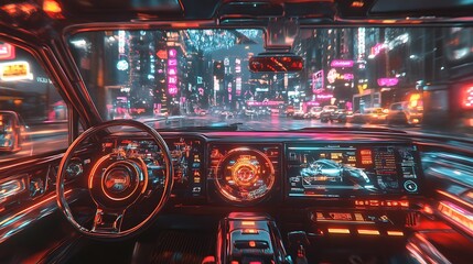 Obraz premium A futuristic car with holographic dashboards and displays