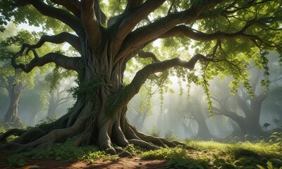 A sprawling vine covers the trunk of a massive tree with its leaves and tendrils, nature's grip, overgrown tree, thick vegetation