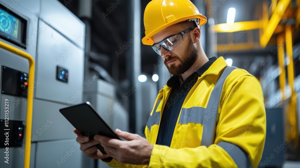 Poster Mining worker monitoring digital analytics on a tablet in an underground setting