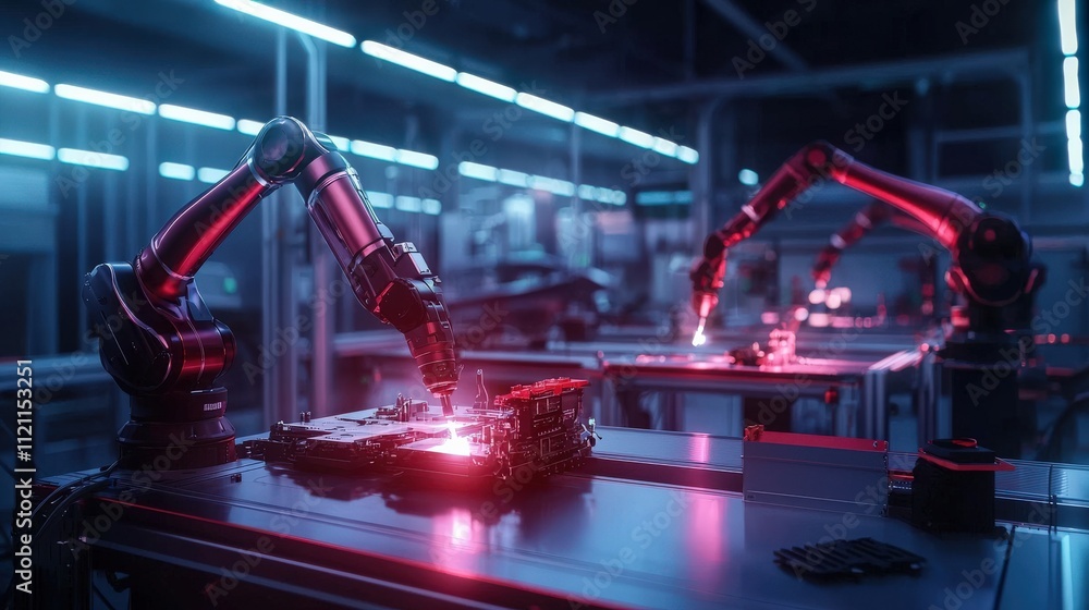 Poster modern car factory with sleek robotic arms welding components, an engineer supervising the process