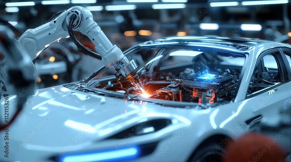 Poster modern car factory with sleek robotic arms welding components, an engineer supervising the process
