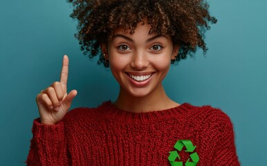Smiling woman points to recycling symbol on wooden background