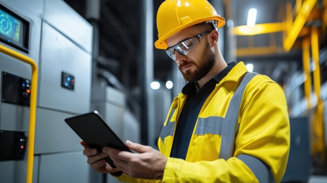 Mining worker monitoring digital analytics on a tablet in an underground setting