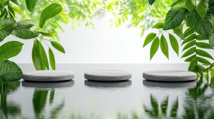 Natural stones with green leaves on a reflective surface, white isolate background.