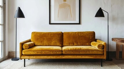 Living room with mustard velvet sofa, mockup frame poster, and black floor lamps.