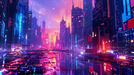 visual, an illustration of a futuristic cityscape with neon lights and sleek buildings