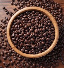 Fototapeta premium Heaps of dark brown coffee beans scattered around a wooden bowl , wood, coffee