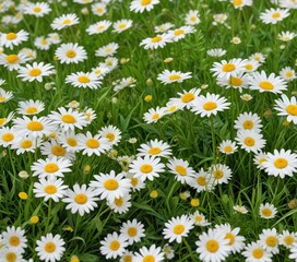 Fototapeta premium lush green grass border with white daisies and yellow wildflowers isolated on a clean white background, fresh cut grass, beautiful landscape photo, natural scenery