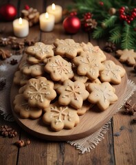 Fototapeta premium Freshly baked Christmas cookies on a wooden table, dessert, festive atmosphere