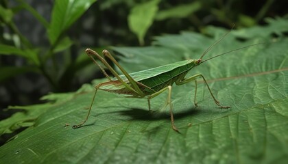 A greater angle wing katydid insect walking along the edge of a large green leaf with precision and care , insect, leaf edge