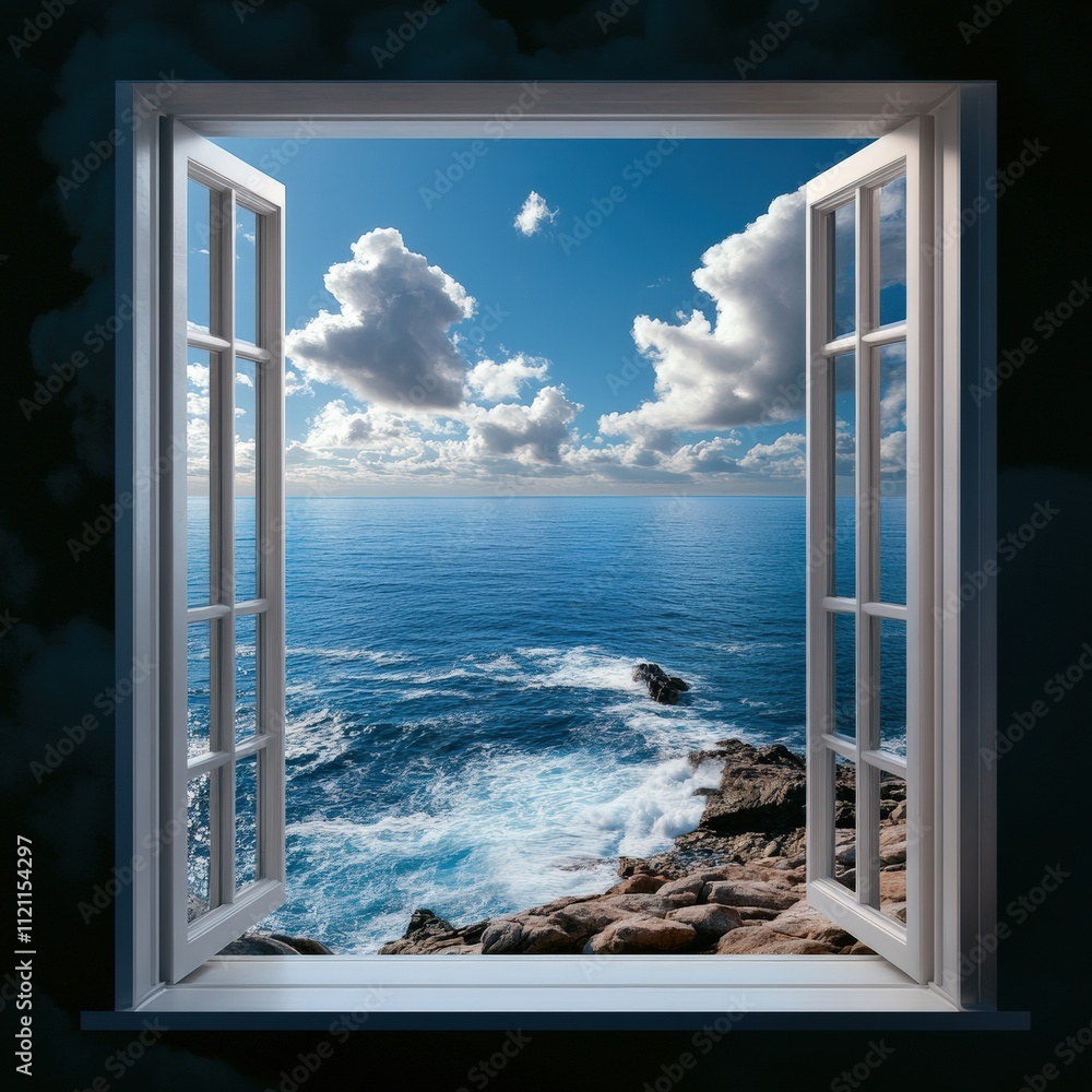 Poster ocean view through a window