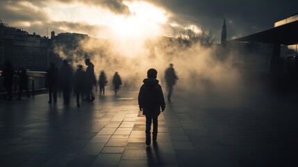 Solitary Child Walking Through Misty Cityscape at Sunset