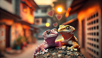 Two gecko lizards in love on the street in the old town. An illustration for Valentine's Day.