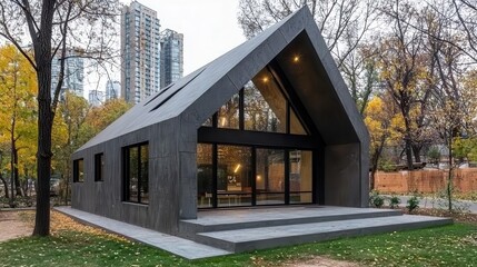 Modern architectural house surrounded by trees in an urban setting.