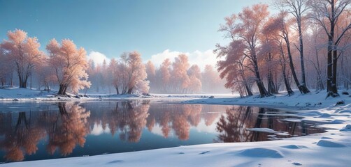 A frozen lake with snow-covered trees reflected in the calm ice surface, frosty forest, frozen lake