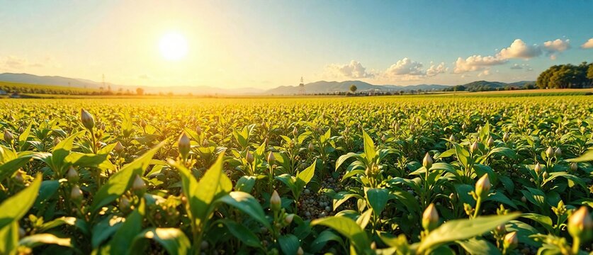 A field of lentil plants with the sun shining down on them, agriculture, legumes