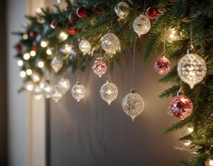 Sparkling crystal ornaments on a festive garland , Sparkling decoration, Cozy room