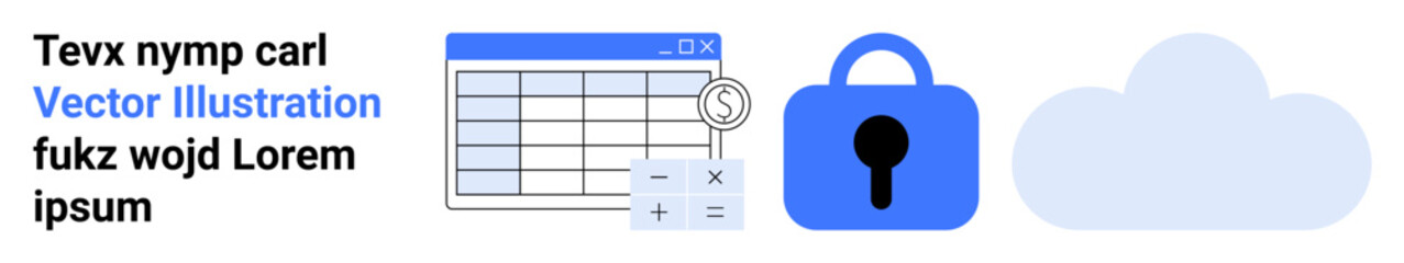 Spreadsheet with financial symbols, padlock representing security, and cloud for storage. Ideal for finance, cybersecurity, data protection, cloud services, technology, business solutions