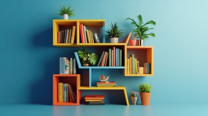 a modern, geometric-shaped bookshelf filled with color-coordinated books