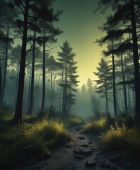 Fototapeta premium Mysterious twilight forest with soft gradient grainy texture and deep green yellow black colors , forest, green