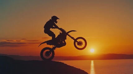 Sunset Motocross Rider Silhouette Extreme Sport, Coastal View