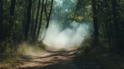 Fototapeta premium Misty Forest Path Sunlight, Trees, Dust, Shadows, and Mystery