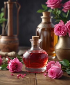 Traditional Bulgarian rose oil equipment for perfumery , ancient craft, roses