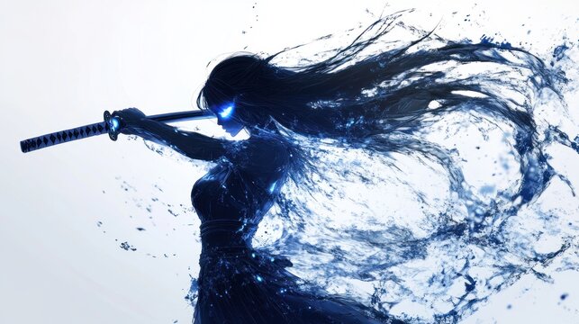 A female warrior, rendered in shades of blue, wields a katana, her flowing hair and dress dissolving into water-like textures.