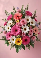 Fresh cut flowers in a vibrant bouquet against a pale pink background , bouquet, blooming, fresh cut