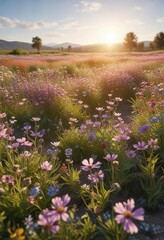 Fototapeta premium Wildflower field in bloom during sunny morning , sunlight on flowers, blooming flowers