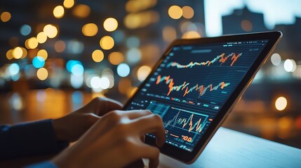 Investor using tablet to analyze capital cost and market data, soft lighting, closeup, clean modern desk, crisp financial graphics, thoughtful expression, sleek style