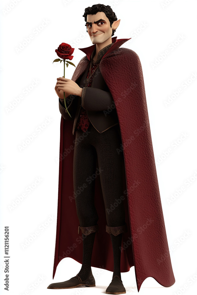 Poster isolated on a white background a charming animated vampire with a cape and fangs holding a rose.