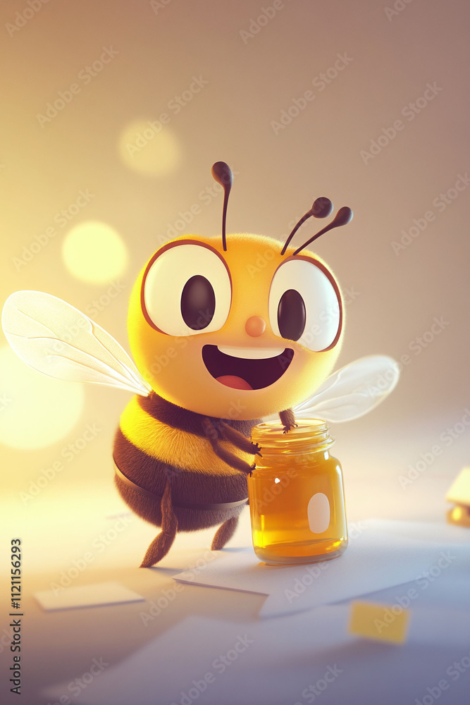 Poster isolated on a white background a cheerful animated bee buzzing around with a jar of honey