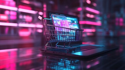 Online shopping concept laptop, smartphone in shopping cart, neon lights.