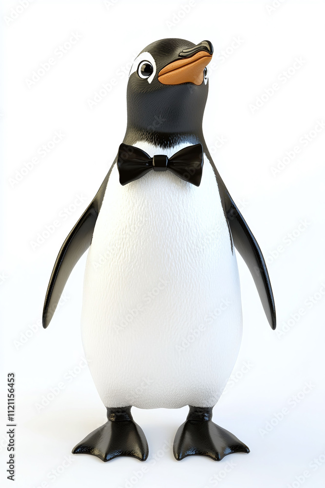 Poster isolated on a white background a comical animated character a clumsy penguin wearing a bow tie.