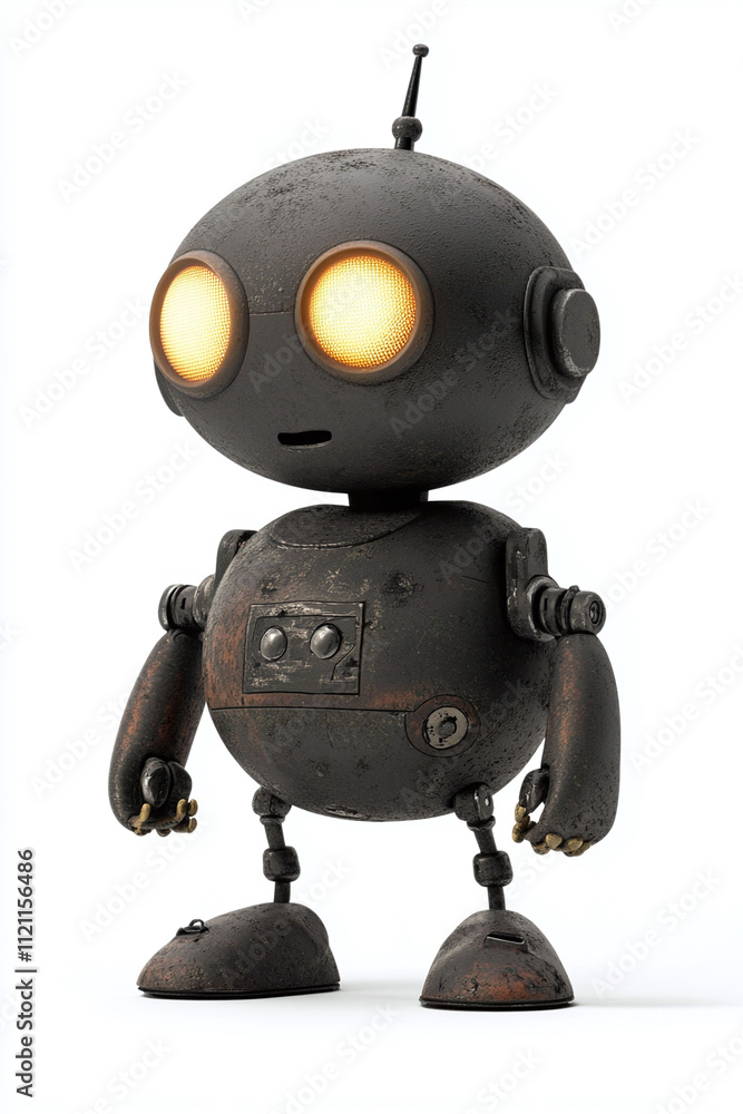Poster isolated on a white background a curious animated robot with a round body glowing eyes and extendabl