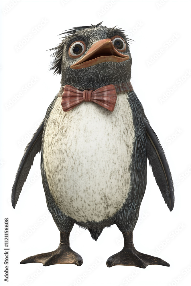Poster isolated on a white background a comical animated character a clumsy penguin wearing a bow tie.