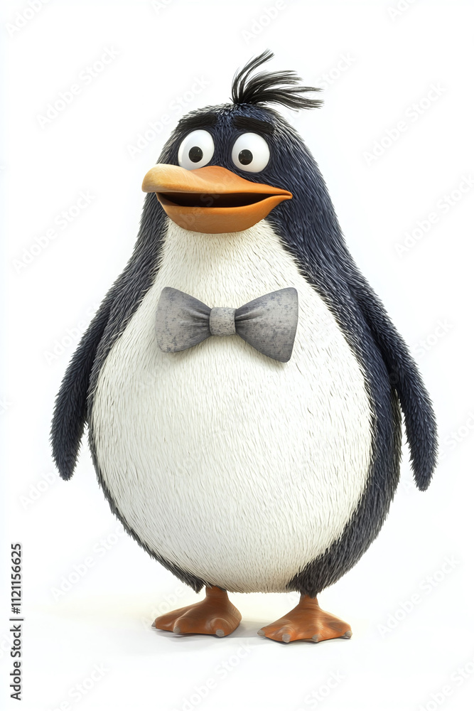 Poster isolated on a white background a comical animated character a clumsy penguin wearing a bow tie.