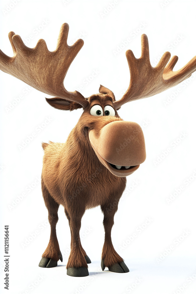 Poster isolated on a white background a comical animated moose with oversized antlers and a funny grin