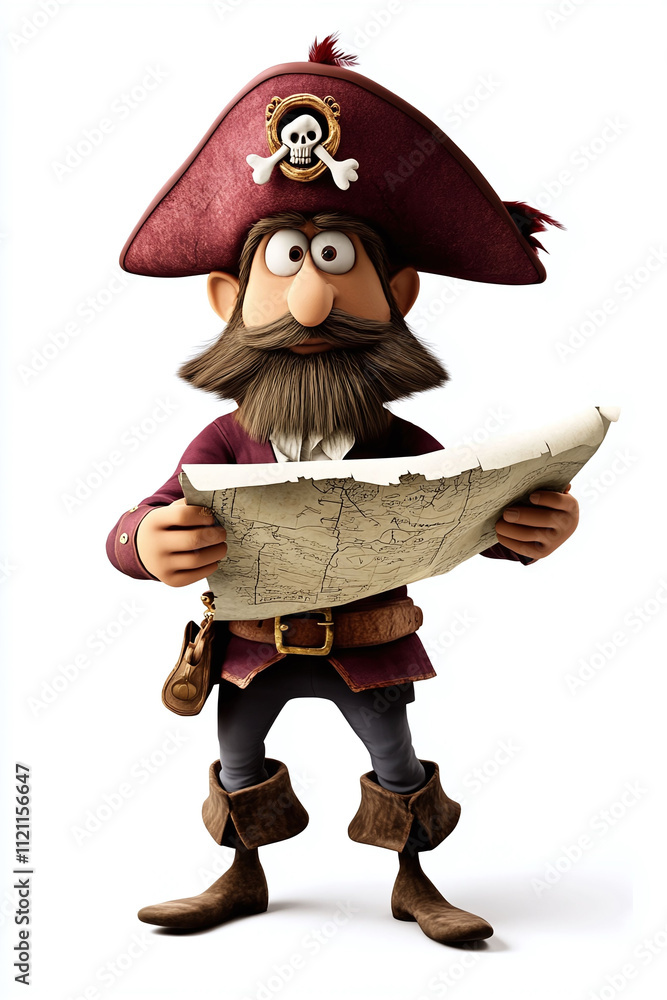 Poster isolated on a white background a daring animated pirate with a feathered hat and a treasure map in h